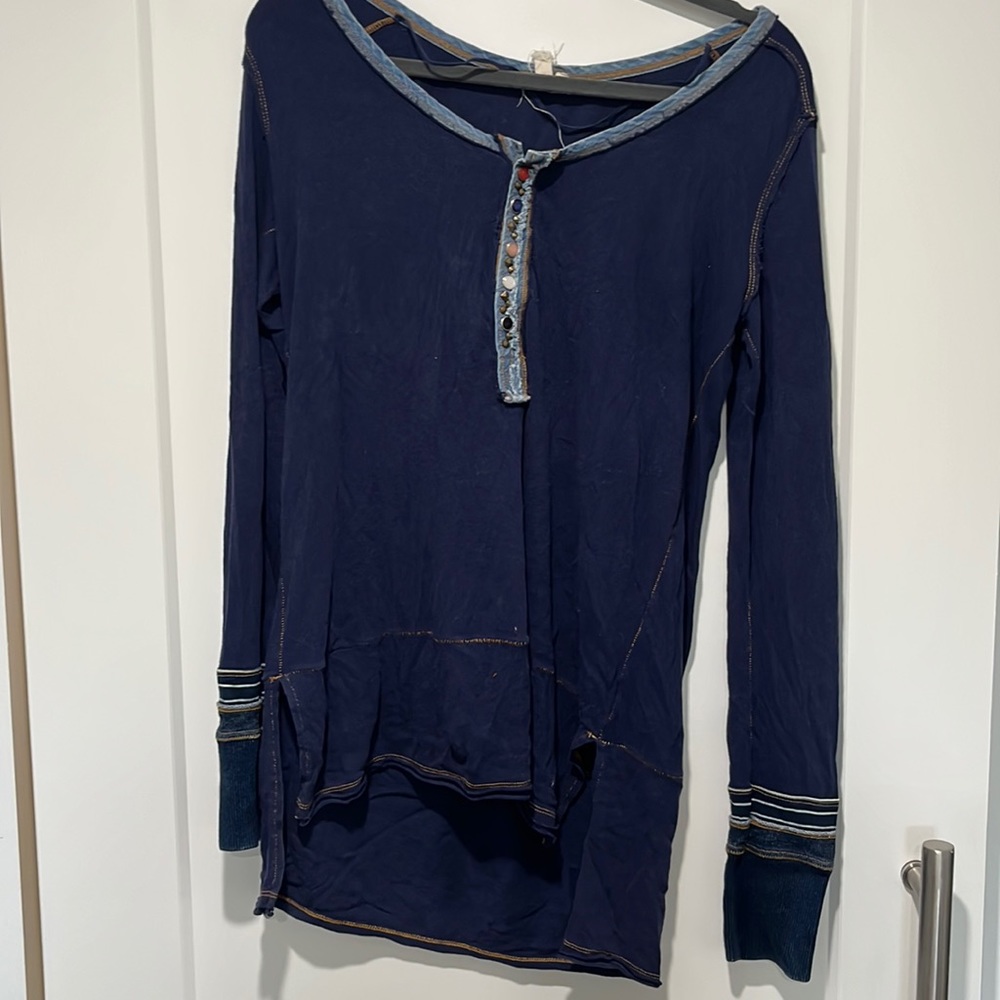 Navy tee with denim and texture accents